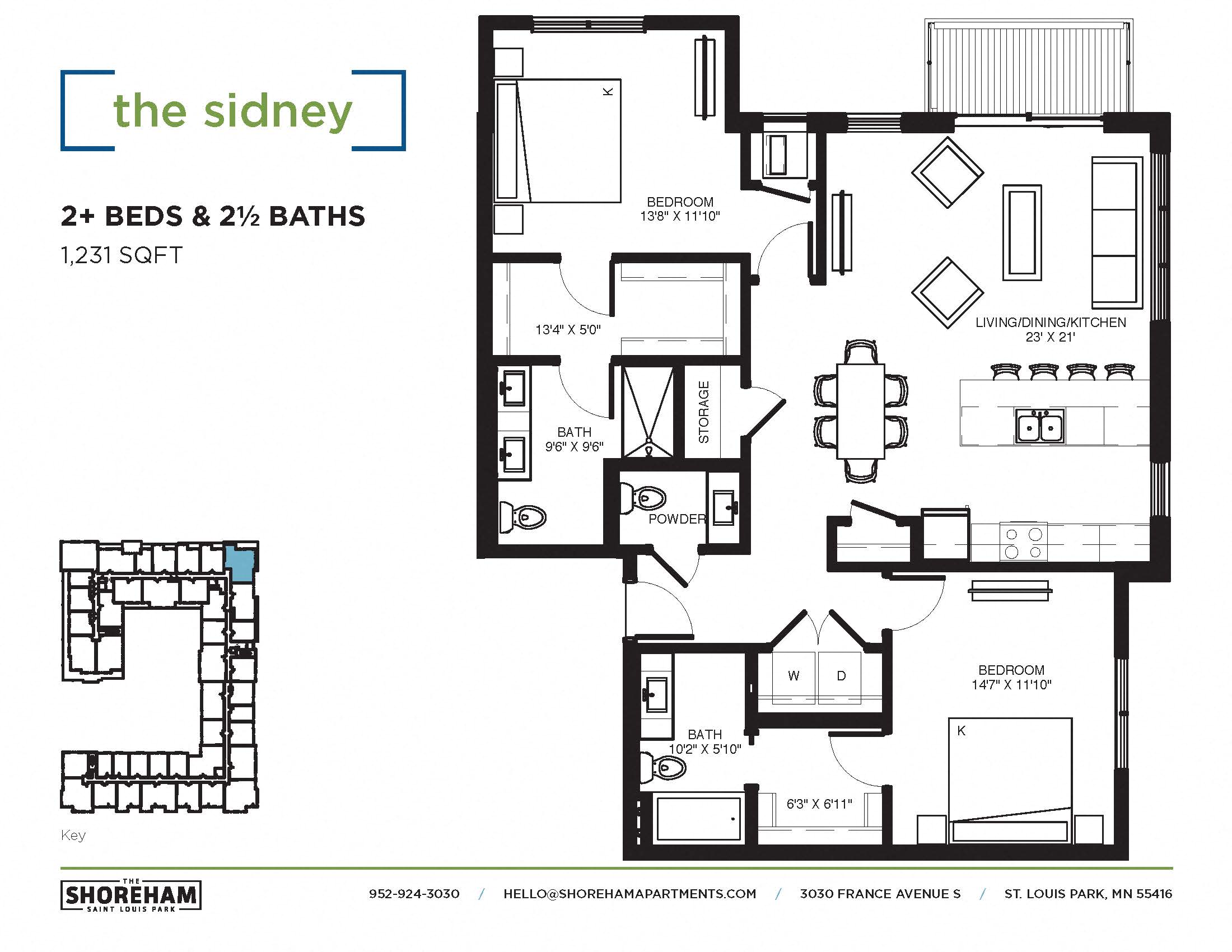 Floor plan for 2 beds, 2.5 baths, 1231 sqft